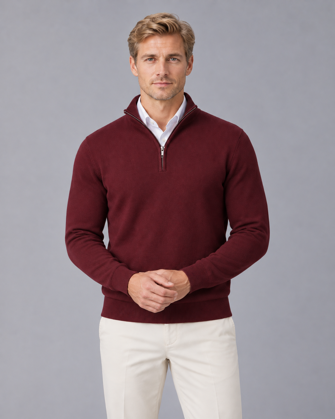 Men's Half Zip Jumper with Stand Collar and Ribbed Cuffs