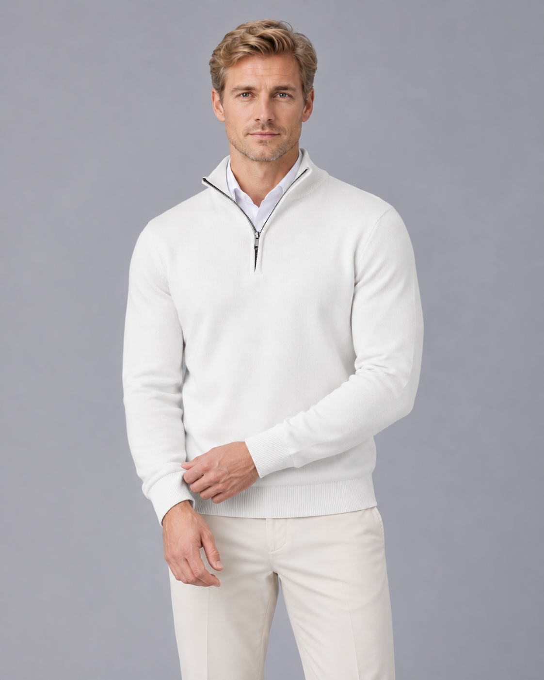 Men's Half Zip Jumper with Stand Collar and Ribbed Cuffs