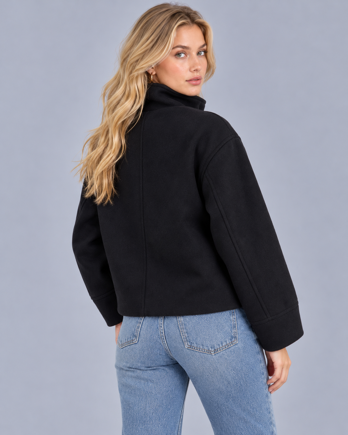 Women's Wool-Textured Coat Jacket | Single-Breasted Funnel Neck