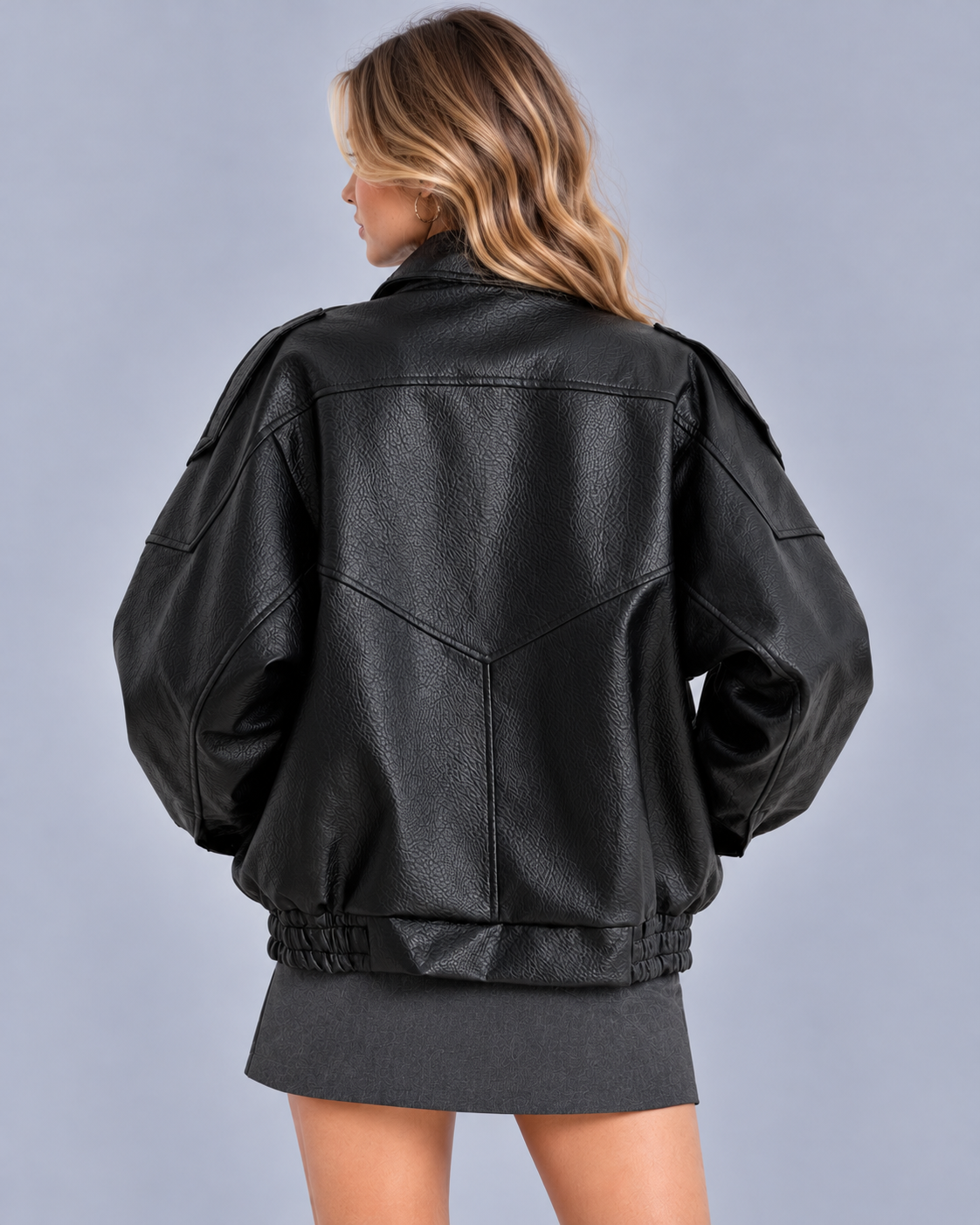 Oversized Faux Leather Bomber Jacket | Coat with Asymmetric Snap Collar