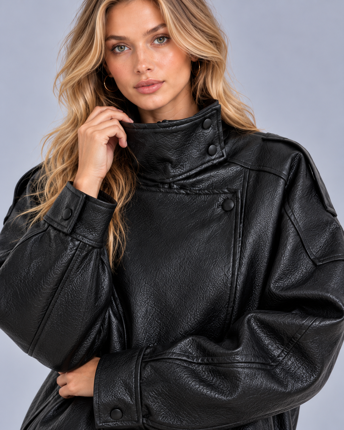 Oversized Faux Leather Bomber Jacket | Coat with Asymmetric Snap Collar
