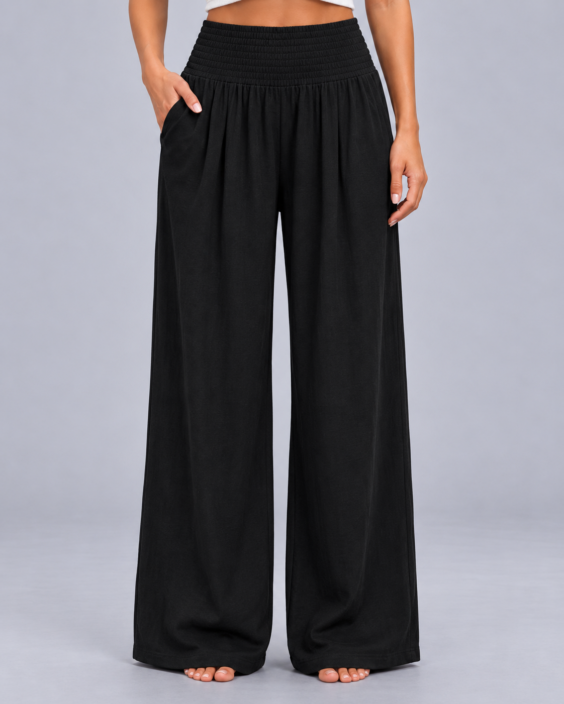 Women’s Linen Look Wide Leg Trousers – Smocked High Waist with Pockets