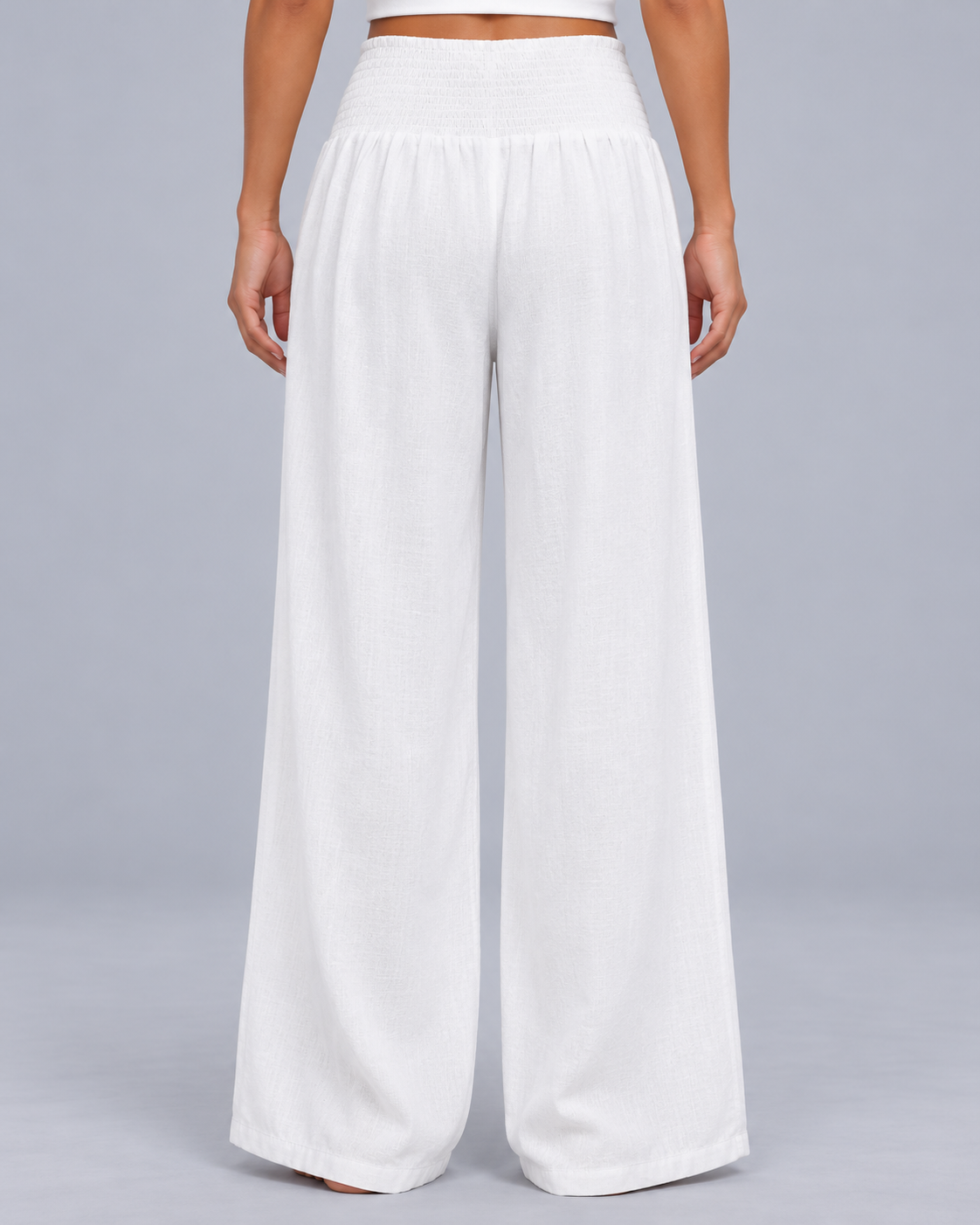 Women’s Linen Look Wide Leg Trousers – Smocked High Waist with Pockets