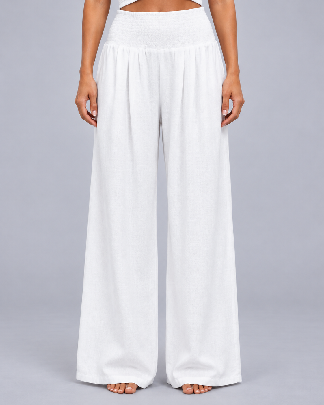 Women’s Linen Look Wide Leg Trousers – Smocked High Waist with Pockets