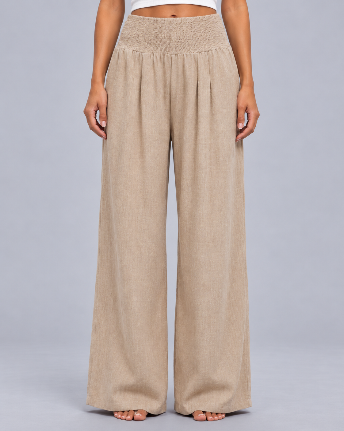 Women’s Linen Look Wide Leg Trousers – Smocked High Waist with Pockets