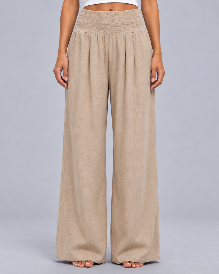 Women’s Linen Look Wide Leg Trousers – Smocked High Waist with Pockets