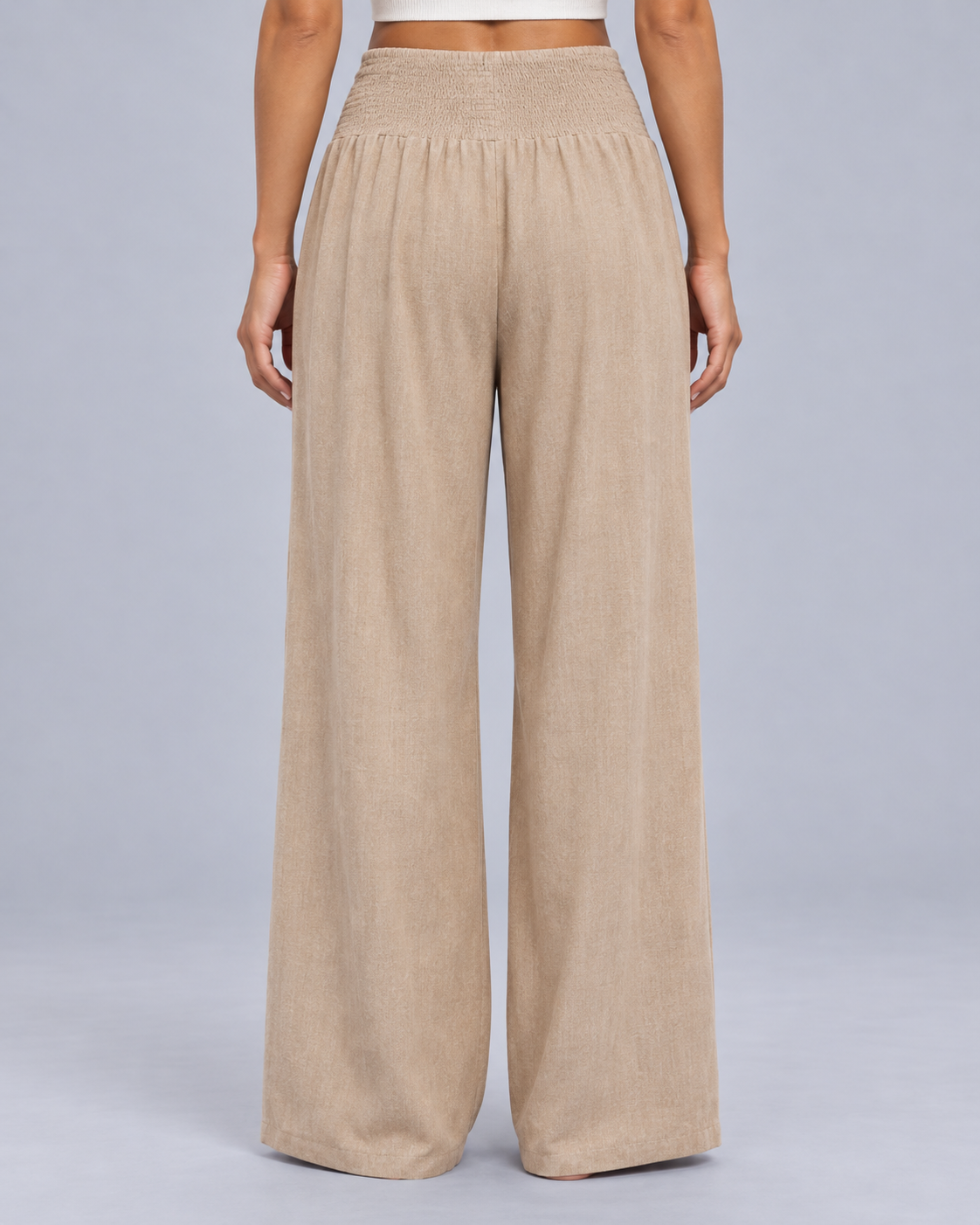 Women’s Linen Look Wide Leg Trousers – Smocked High Waist with Pockets