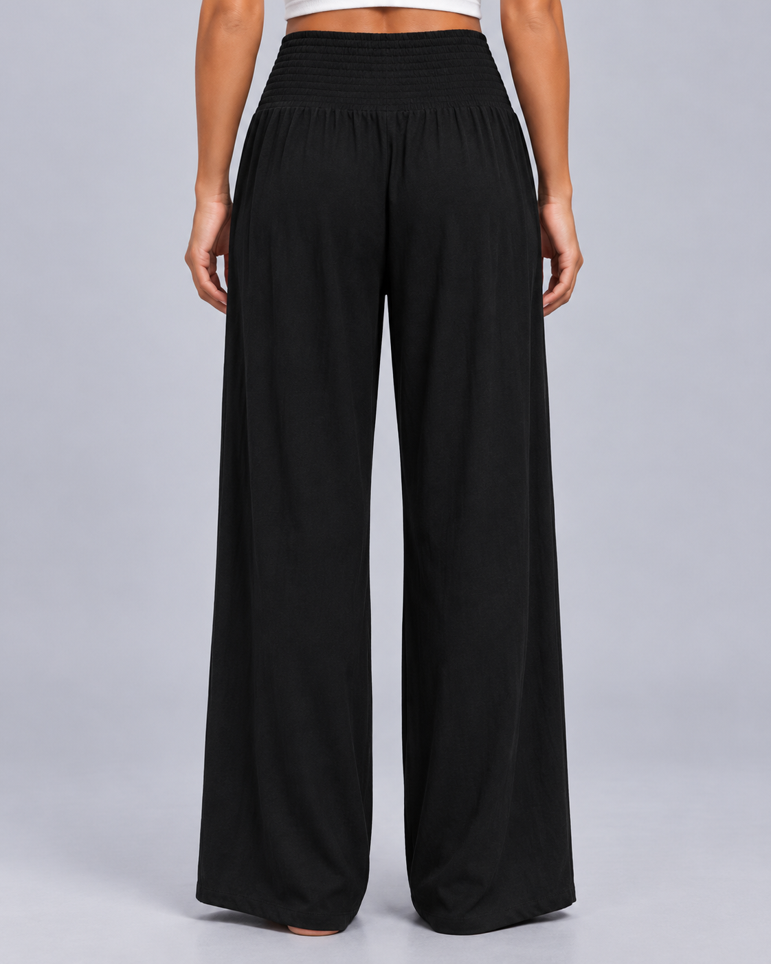 Women’s Linen Look Wide Leg Trousers – Smocked High Waist with Pockets