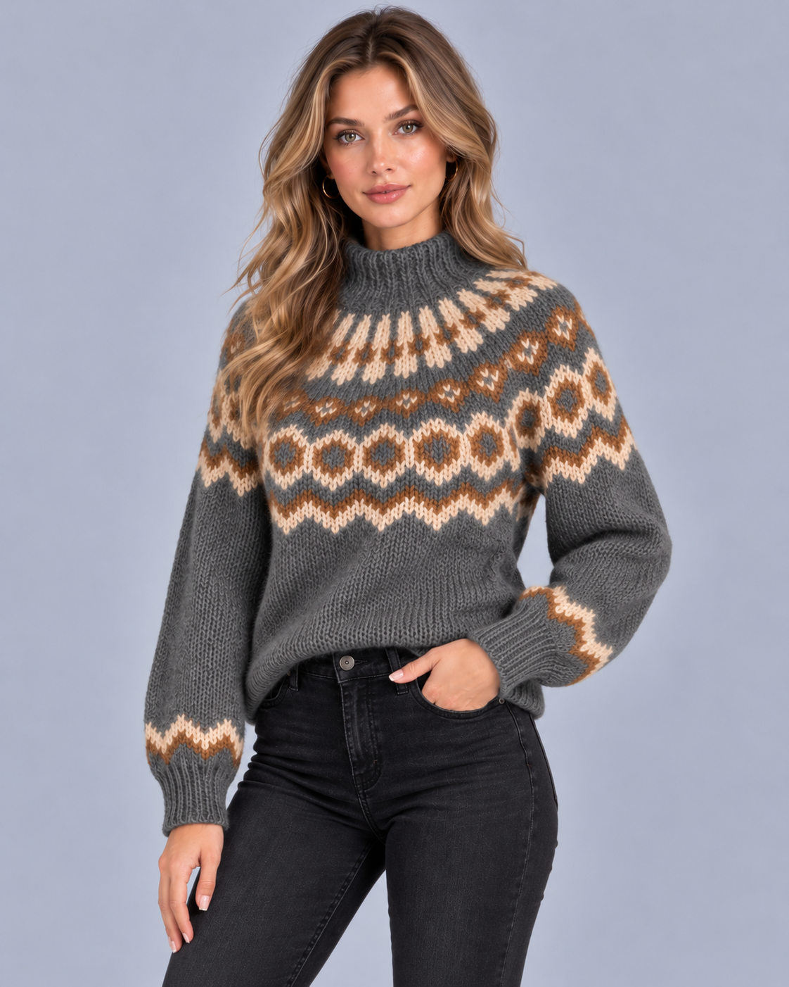Women's Chunky Fair Isle Jumper with High Neck Collar