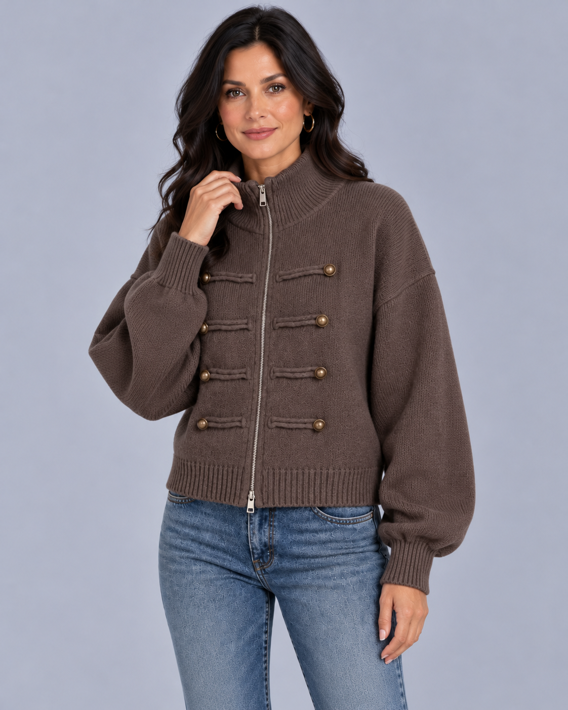 Women's Military Zip-Up Knit Cardigan | Funnel Neck Jacket with Dropped Shoulders