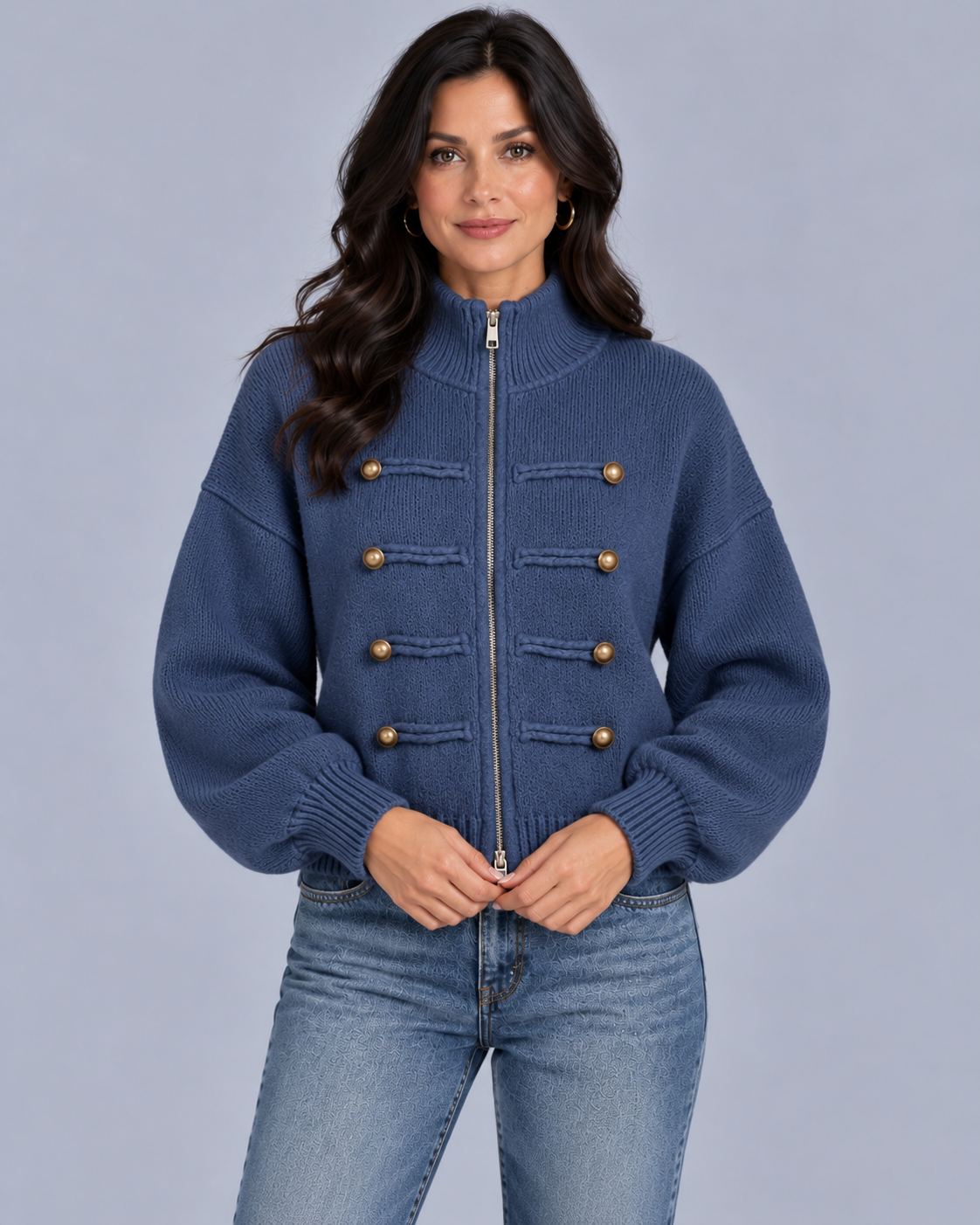 Women's Military Zip-Up Knit Cardigan | Funnel Neck Jacket with Dropped Shoulders