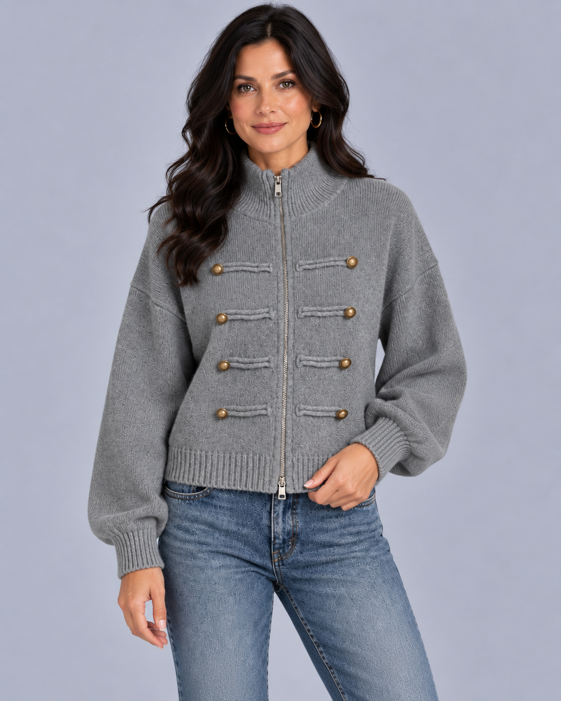 Women's Military Zip-Up Knit Cardigan | Funnel Neck Jacket with Dropped Shoulders