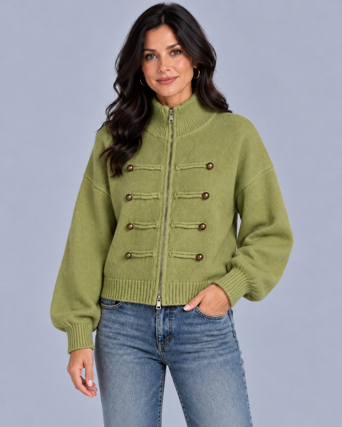 Women's Military Zip-Up Knit Cardigan | Funnel Neck Jacket with Dropped Shoulders