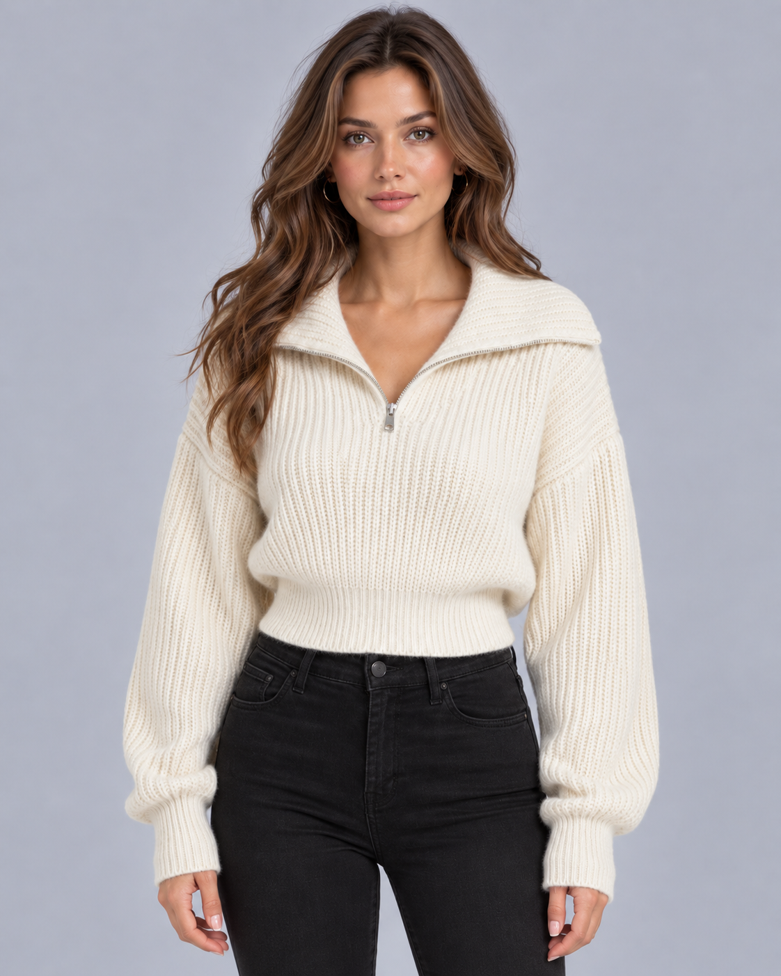Women's Half-Zip Ribbed Knit Sweater | Cropped Funnel Neck