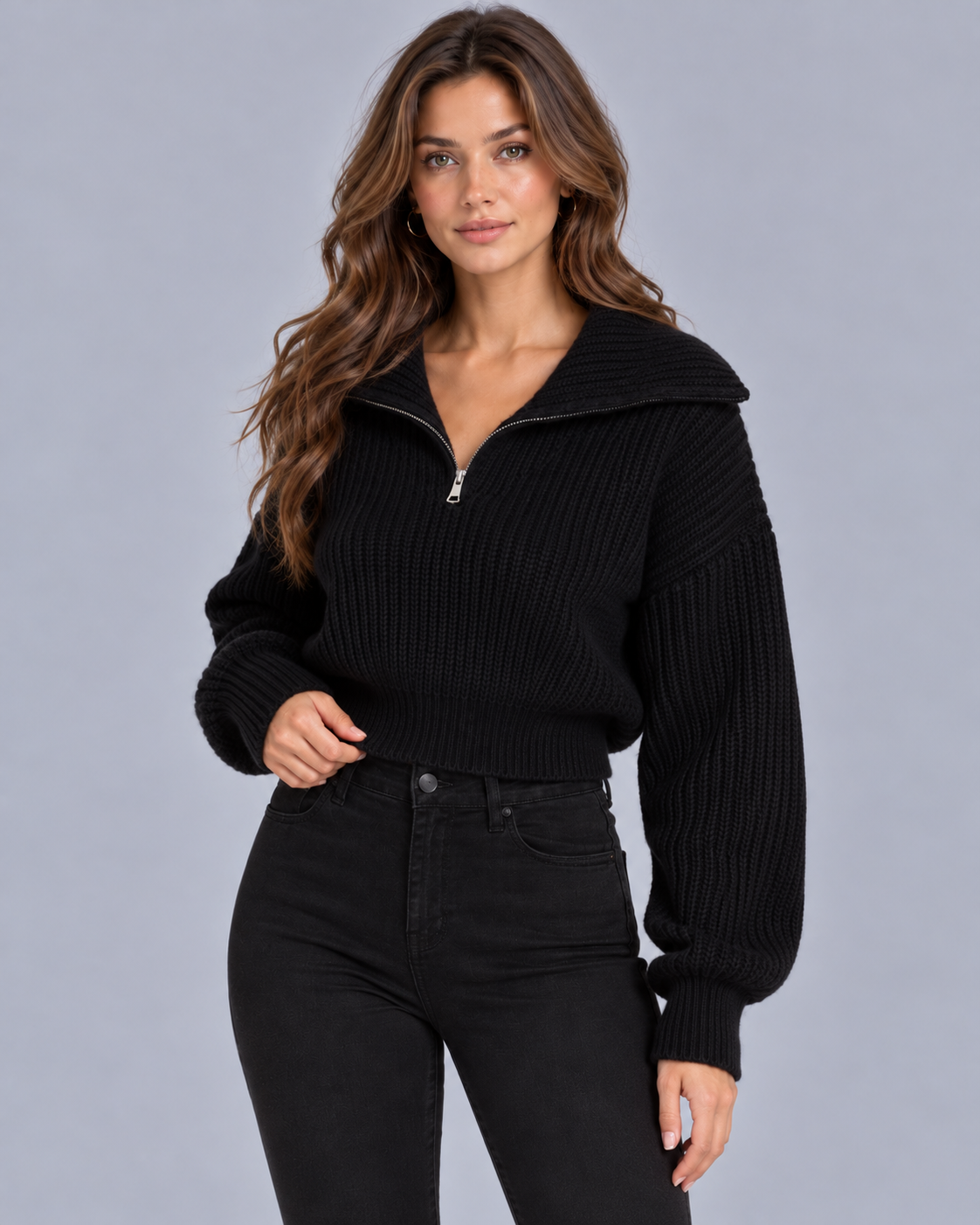 Women's Half-Zip Ribbed Knit Sweater | Cropped Funnel Neck