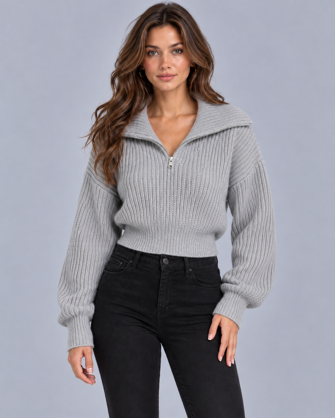 Women's Half-Zip Ribbed Knit Sweater | Cropped Funnel Neck