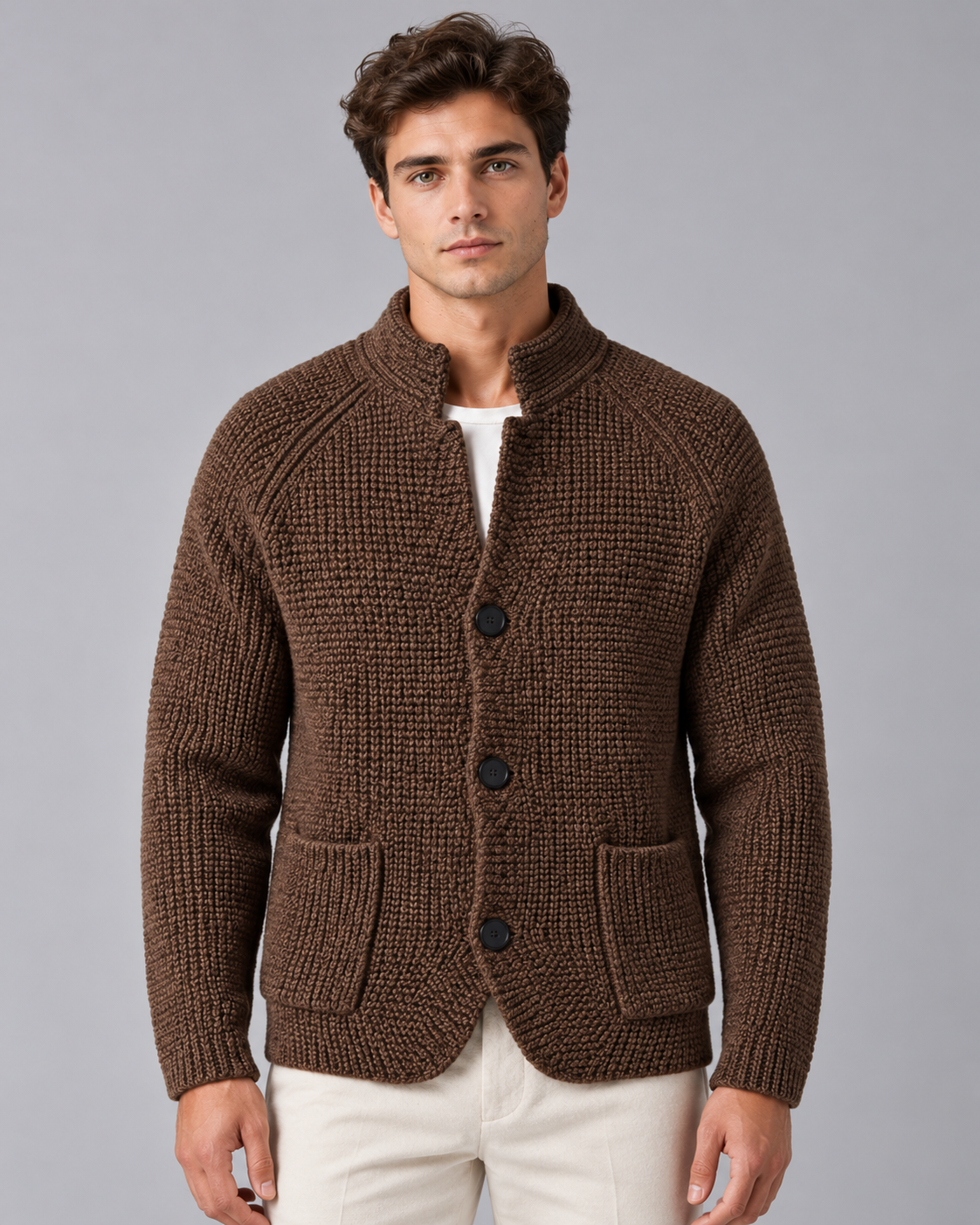 Men's Chunky Knit Cardigan with Patch Pockets