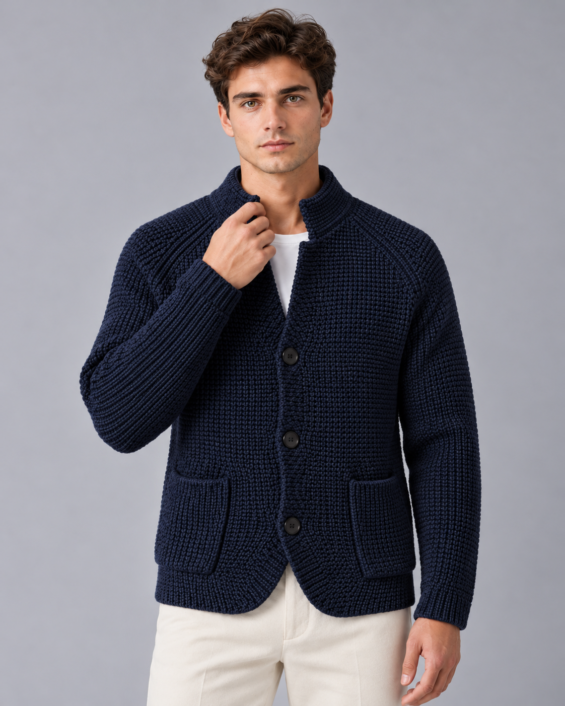 Men's Chunky Knit Cardigan with Patch Pockets