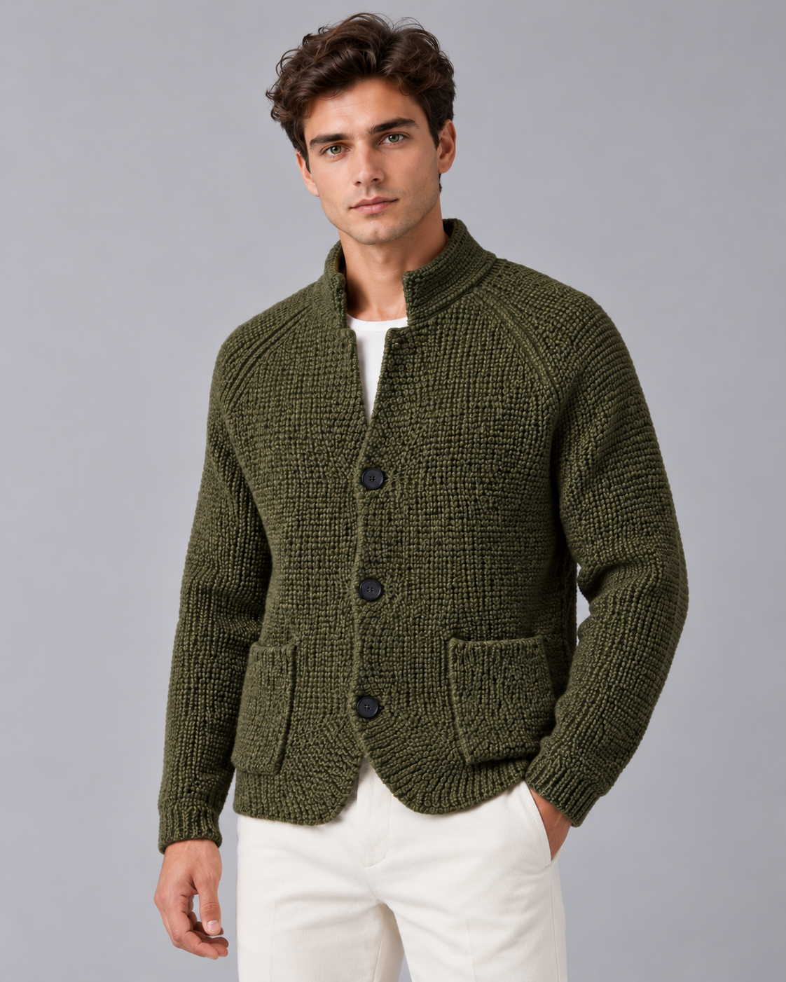 Men's Chunky Knit Cardigan with Patch Pockets
