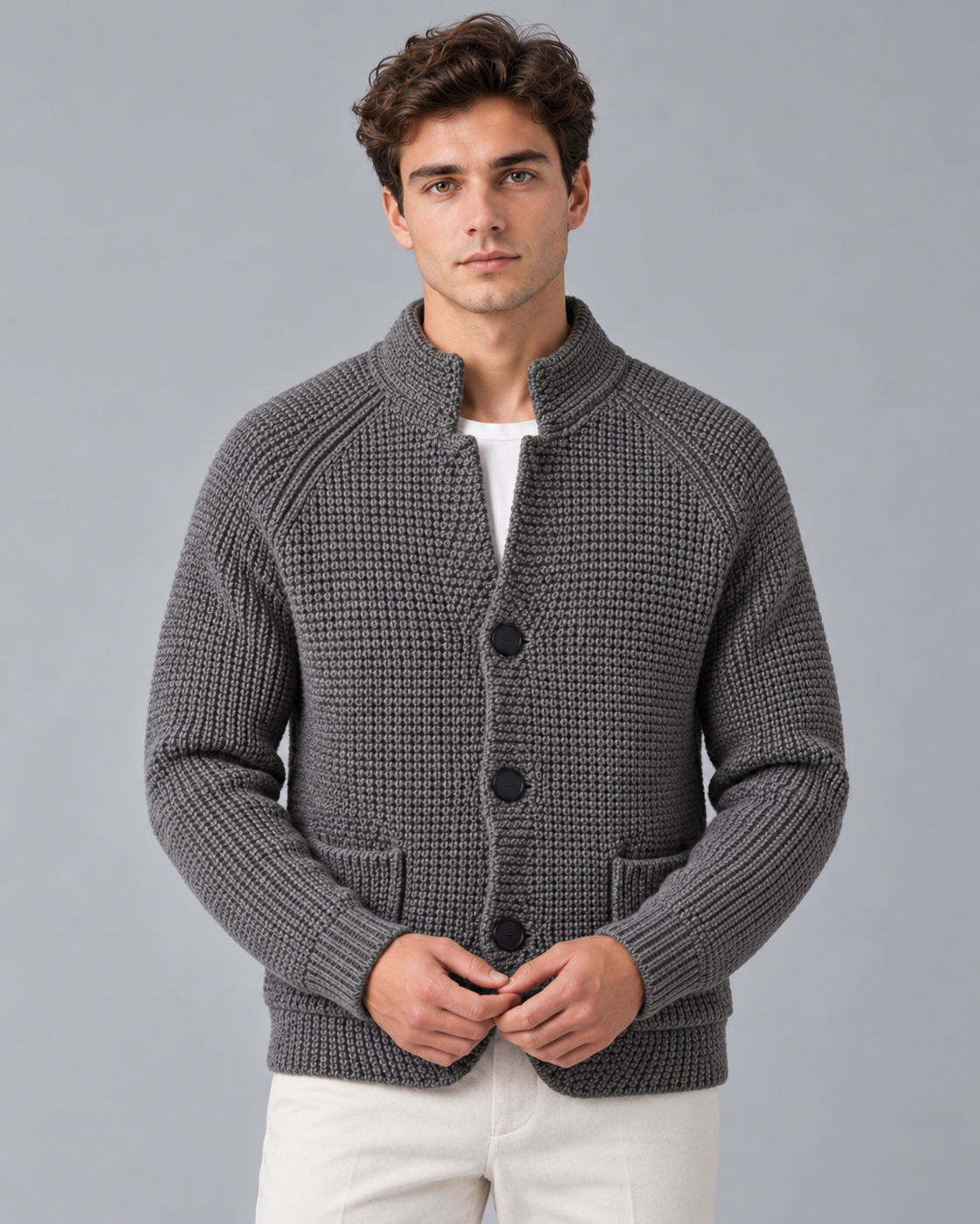 Men's Chunky Knit Cardigan with Patch Pockets