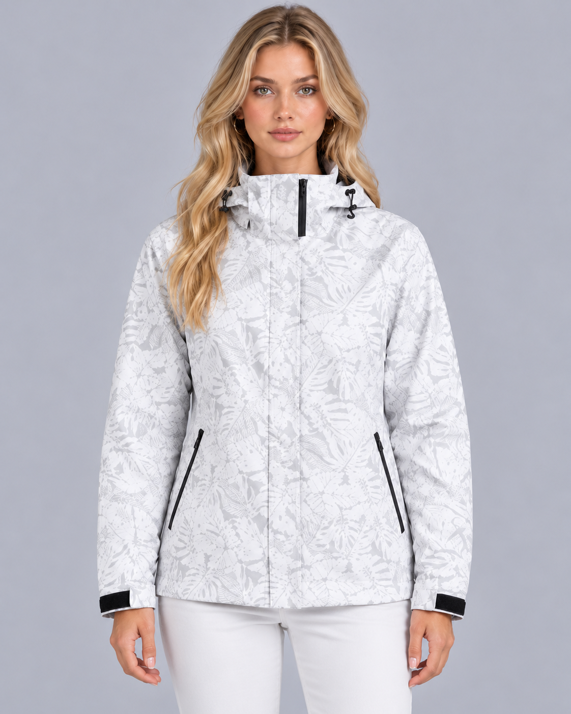 Women's Waterproof Jacket with Hood and Leaf Print