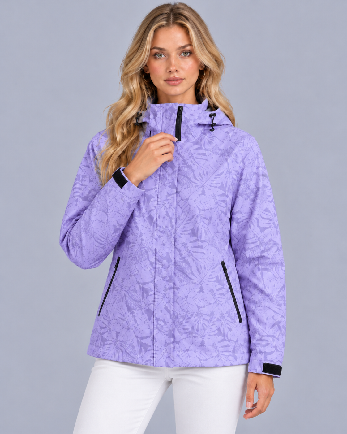 Women's Waterproof Jacket with Hood and Leaf Print