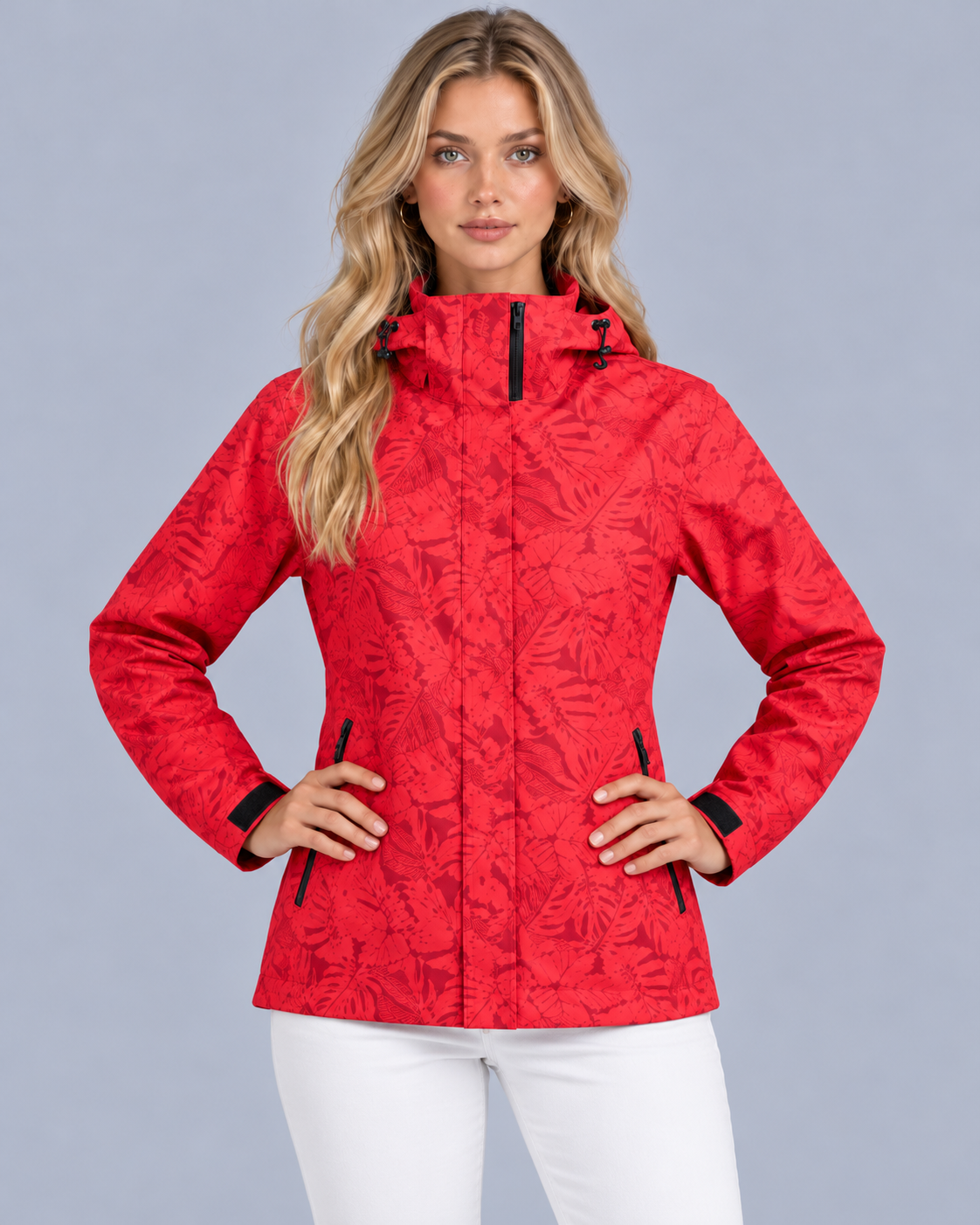 Women's Waterproof Jacket with Hood and Leaf Print