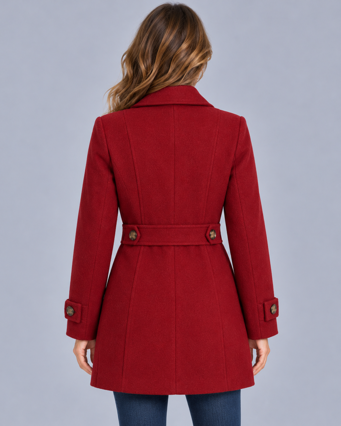 Women's Tailored Single Breasted Coat with Waist Tab and Button Cuffs