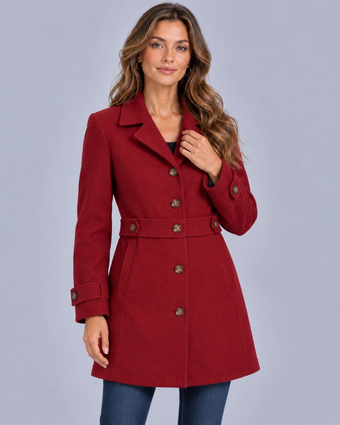 Women's Tailored Single Breasted Coat with Waist Tab and Button Cuffs