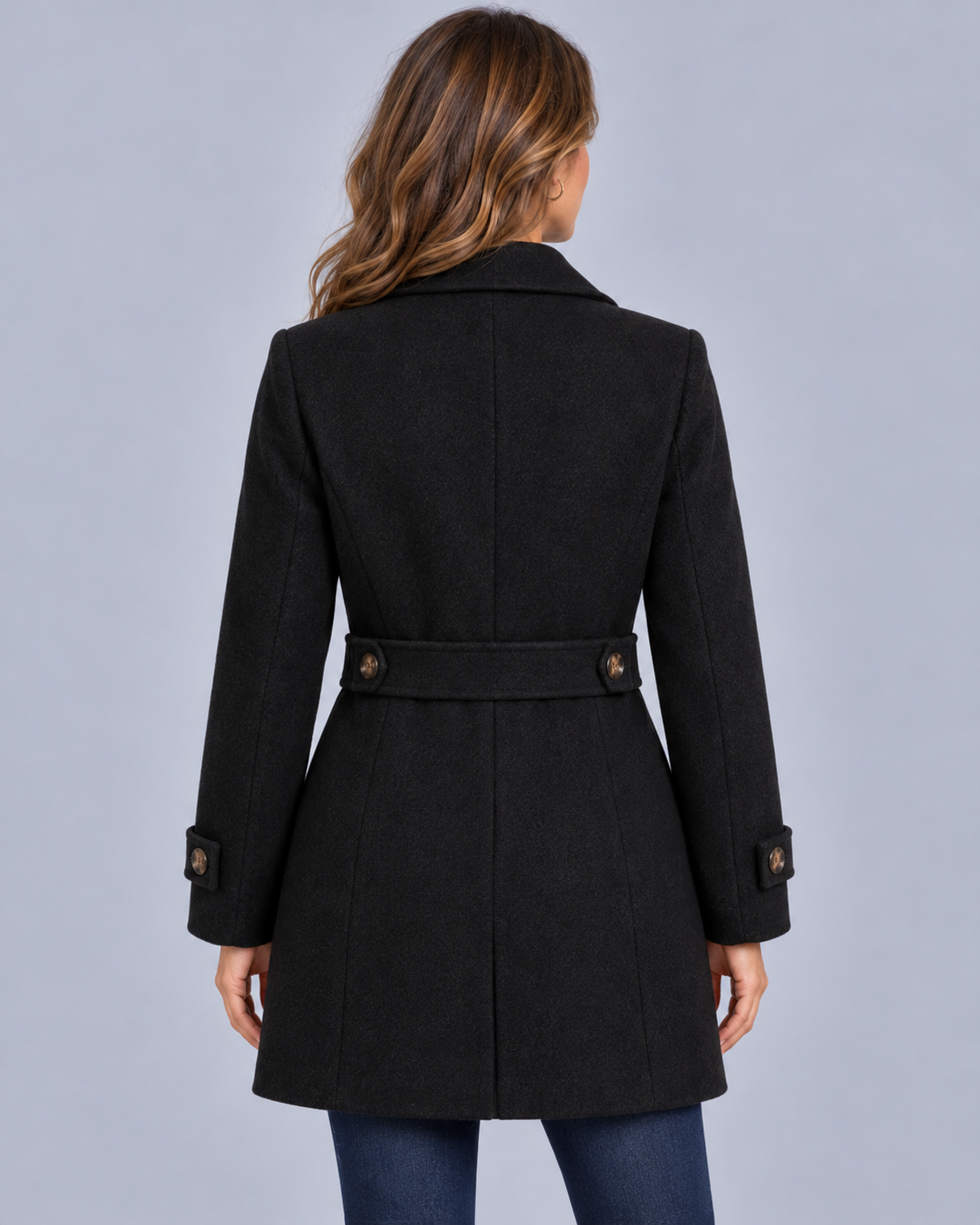 Women's Tailored Single Breasted Coat with Waist Tab and Button Cuffs