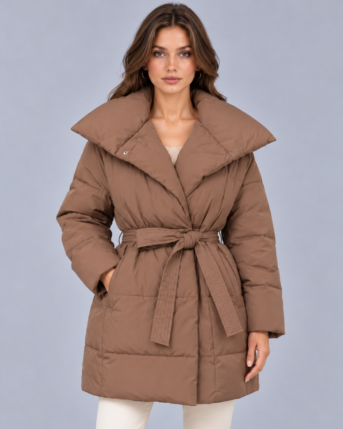 Women's Belted Puffer Coat with Oversized Collar