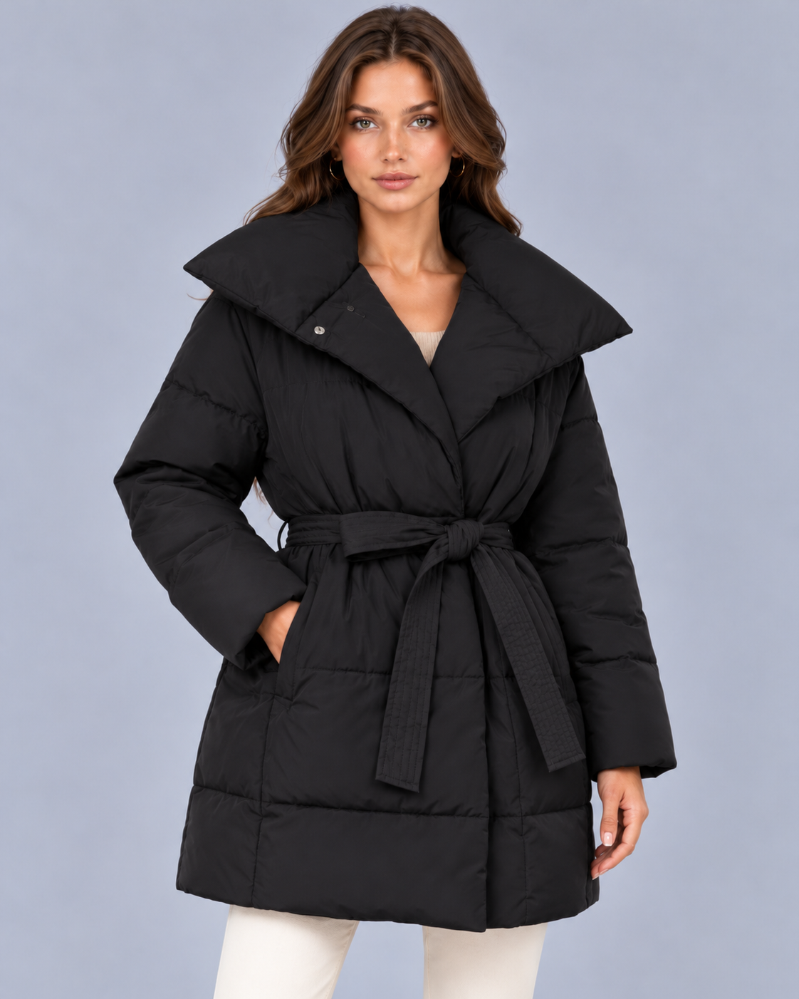 Women's Belted Puffer Coat with Oversized Collar