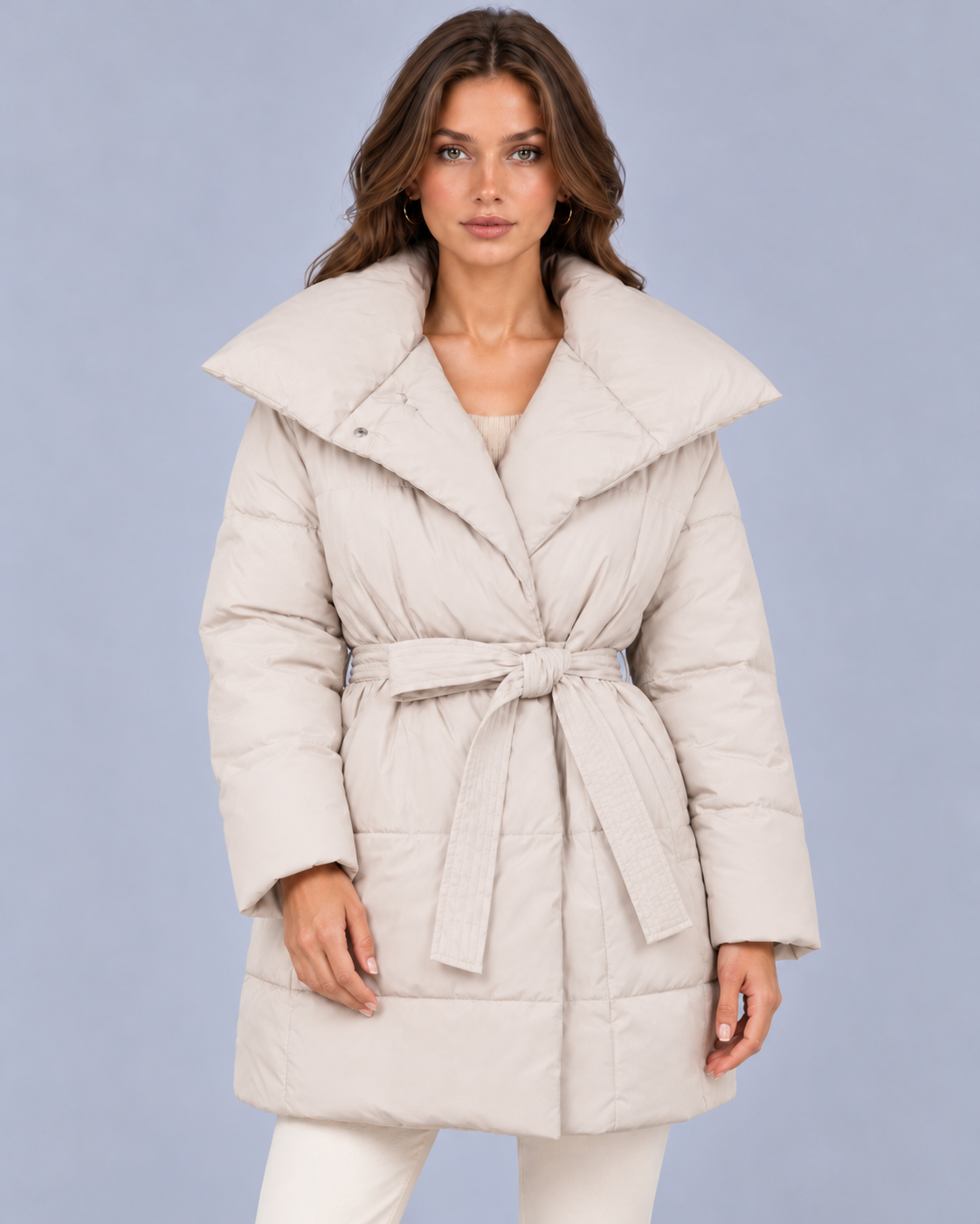 Women's Belted Puffer Coat with Oversized Collar