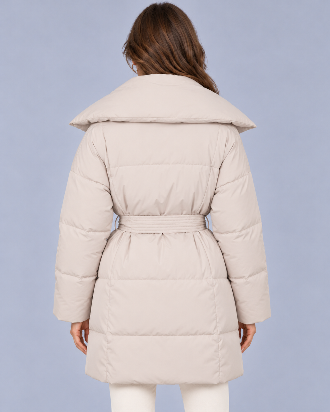 Women's Belted Puffer Coat with Oversized Collar