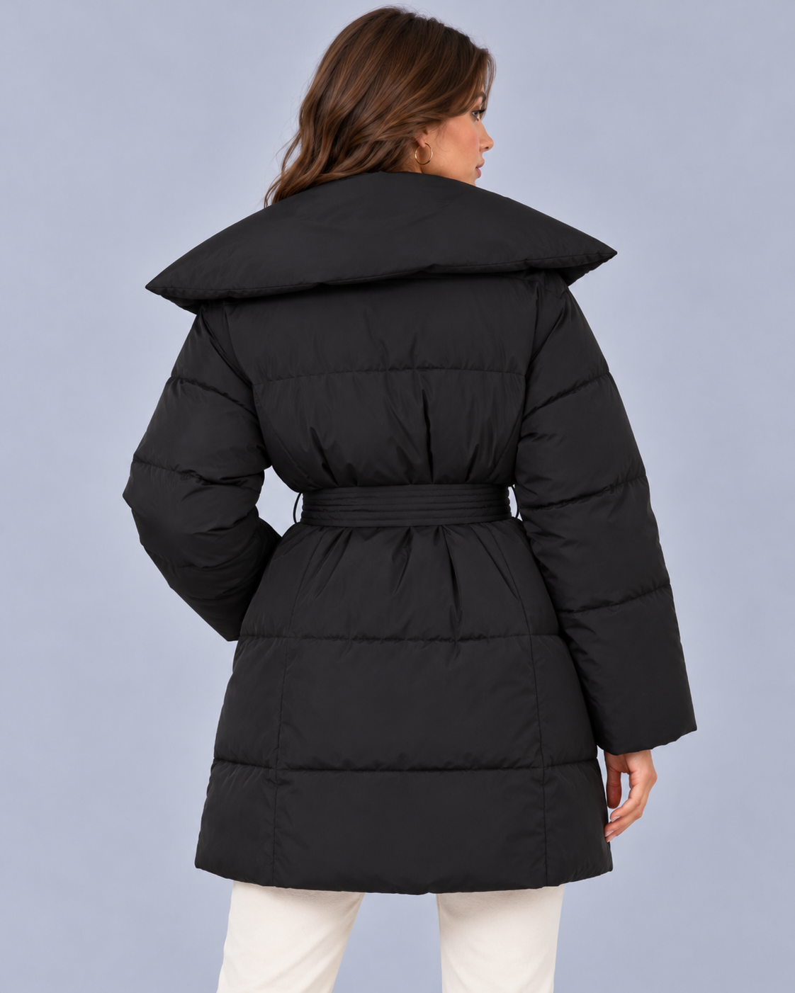 Women's Belted Puffer Coat with Oversized Collar