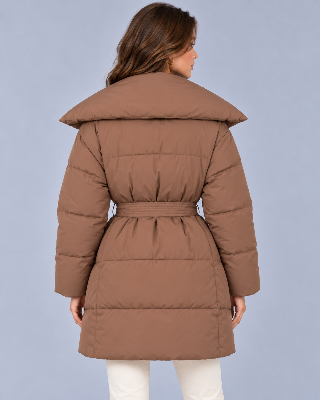Women's Belted Puffer Coat with Oversized Collar