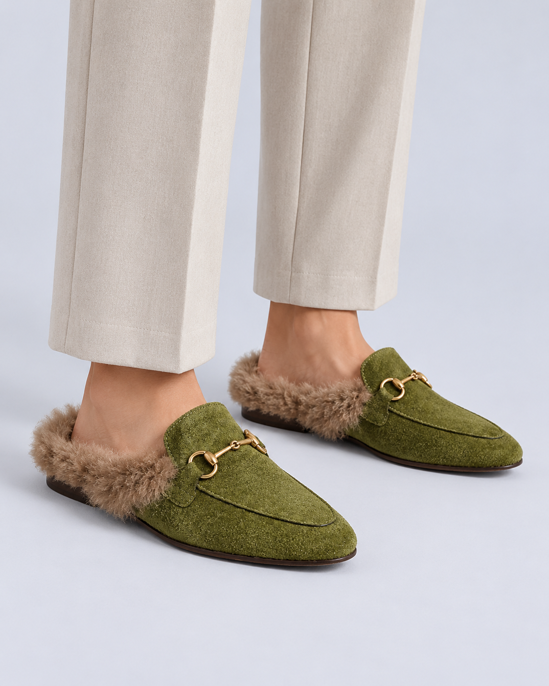 Women's Fur-Lined Suede Mules with Horsebit Detail