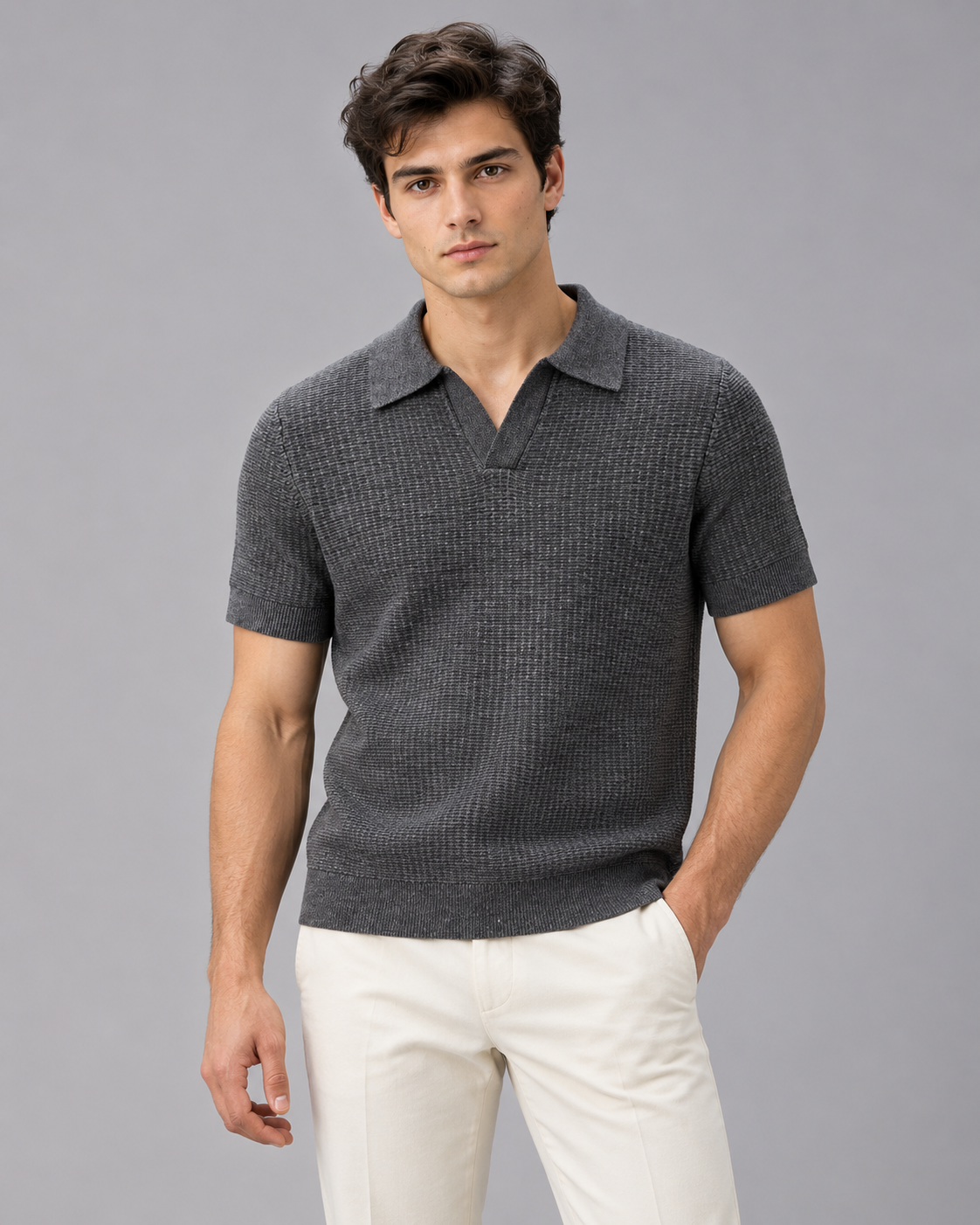 Men's Soft Knit Polo Shirt | Relaxed Open Collar Casual Top