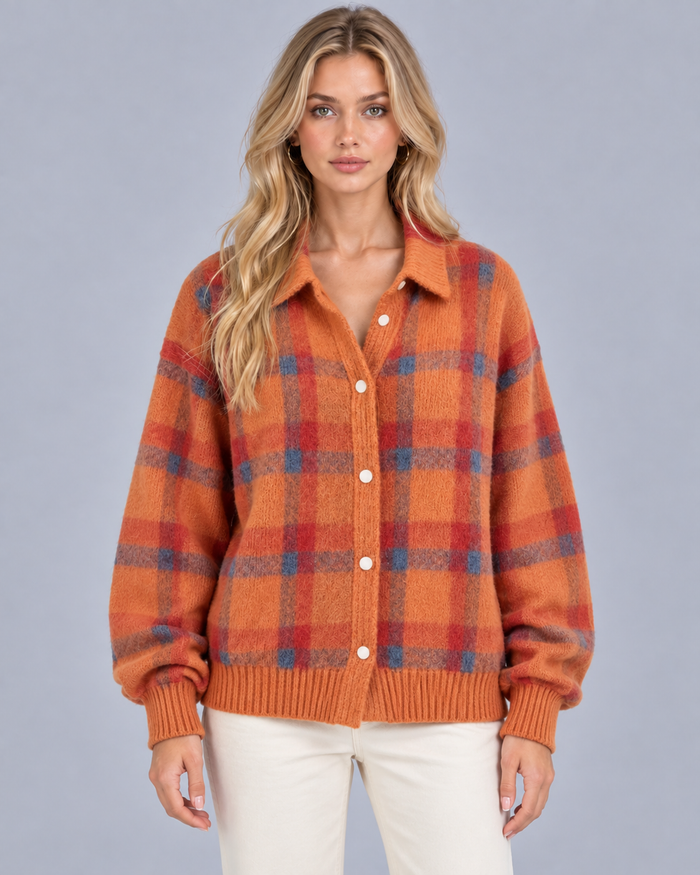 Women's Soft Knit Checkered Cardigan | Relaxed Fit Retro Layering Sweater