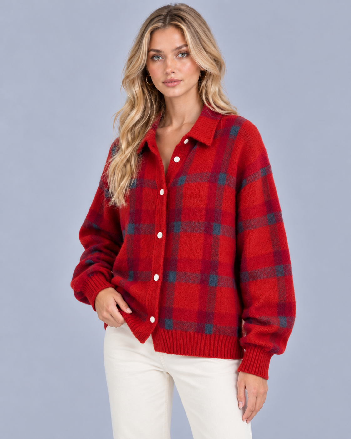 Women's Soft Knit Checkered Cardigan | Relaxed Fit Retro Layering Sweater