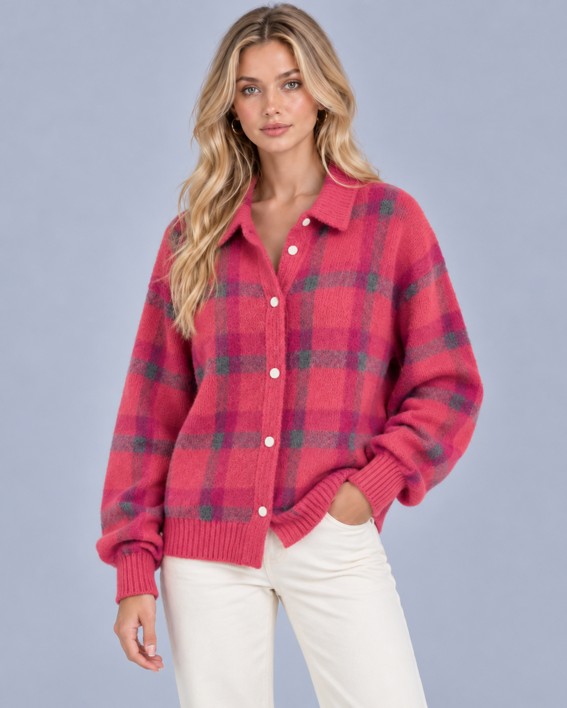 Women's Soft Knit Checkered Cardigan | Relaxed Fit Retro Layering Sweater