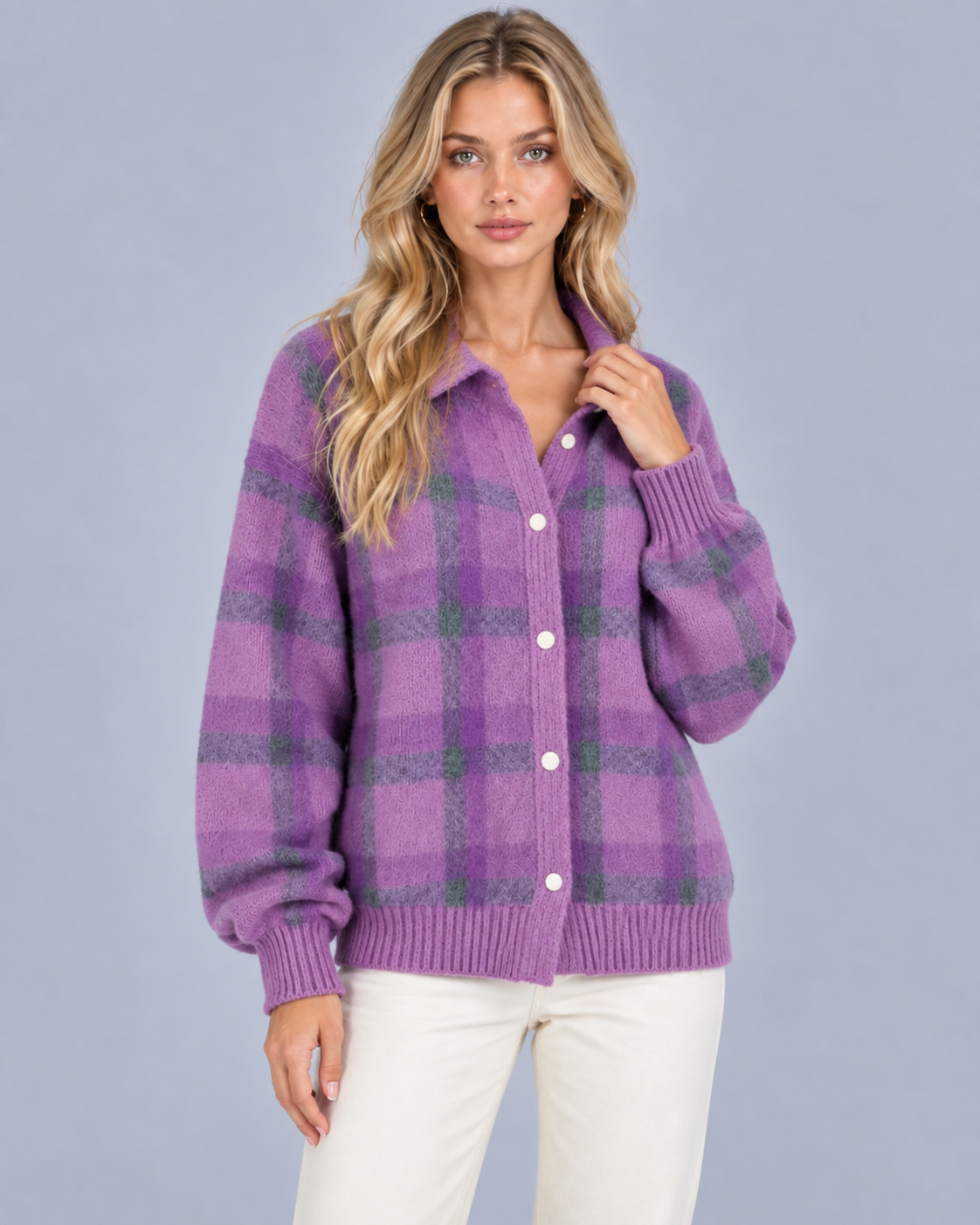 Women's Soft Knit Checkered Cardigan | Relaxed Fit Retro Layering Sweater