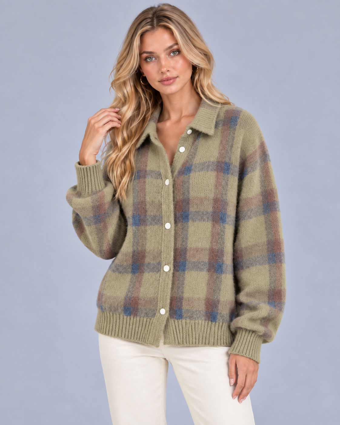 Women's Soft Knit Checkered Cardigan | Relaxed Fit Retro Layering Sweater