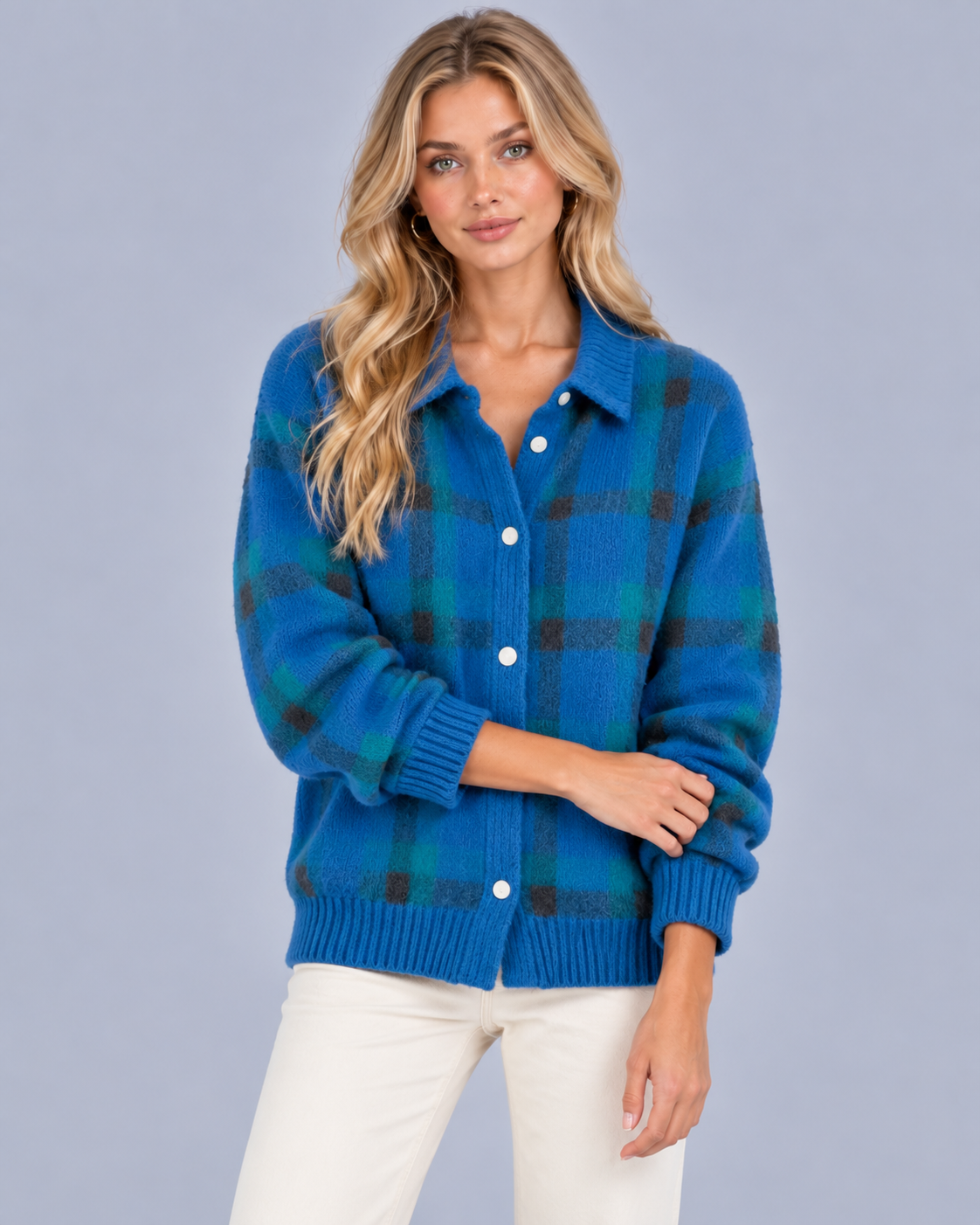 Women's Soft Knit Checkered Cardigan | Relaxed Fit Retro Layering Sweater
