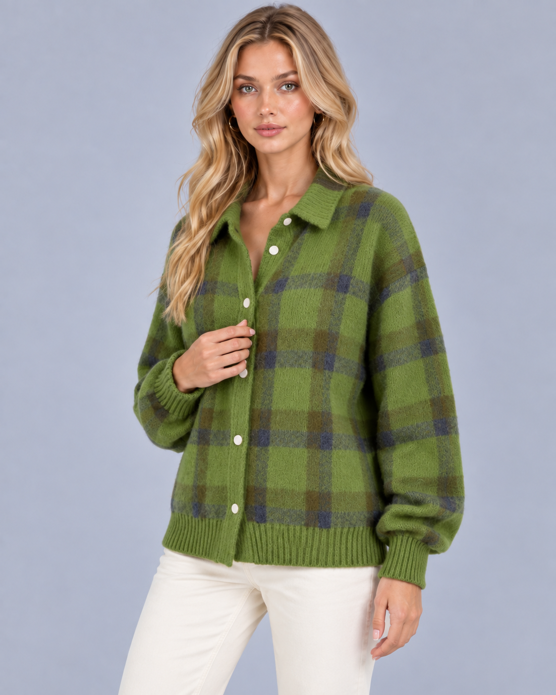 Women's Soft Knit Checkered Cardigan | Relaxed Fit Retro Layering Sweater