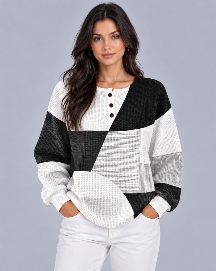 Women's Waffle Knit Pullover Sweater | Cozy Colour Block Henley for Autumn Winter