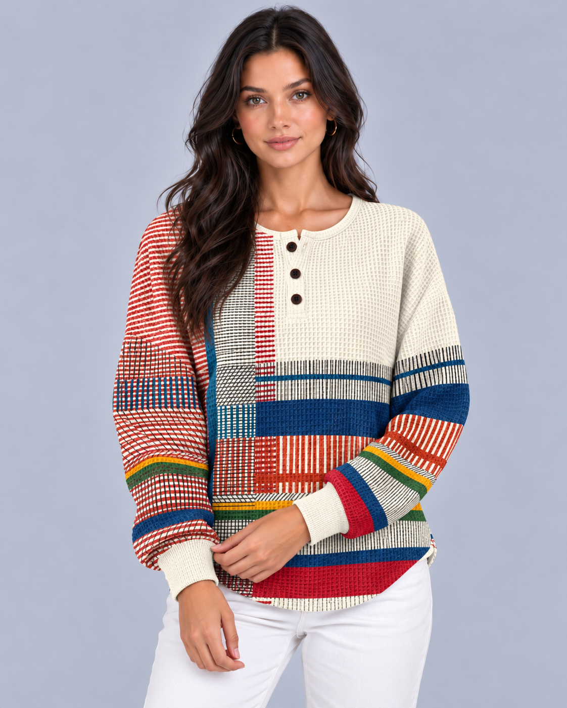 Women's Waffle Knit Pullover Sweater | Cozy Colour Block Henley for Autumn Winter