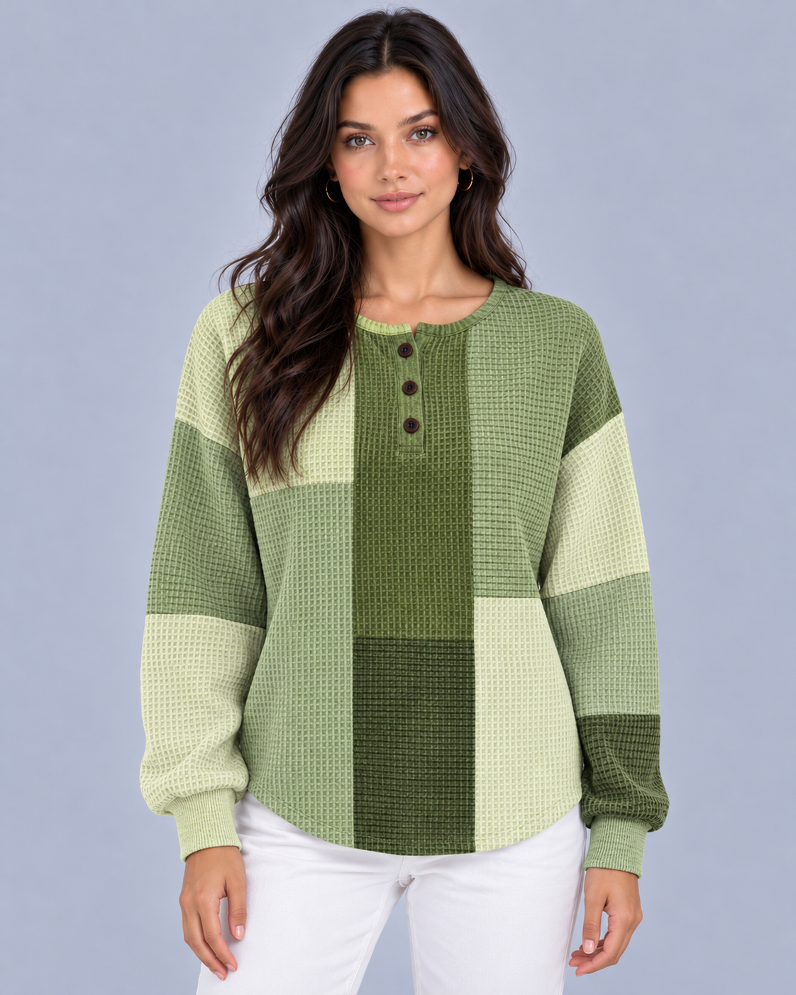 Women's Waffle Knit Pullover Sweater | Cozy Colour Block Henley for Autumn Winter