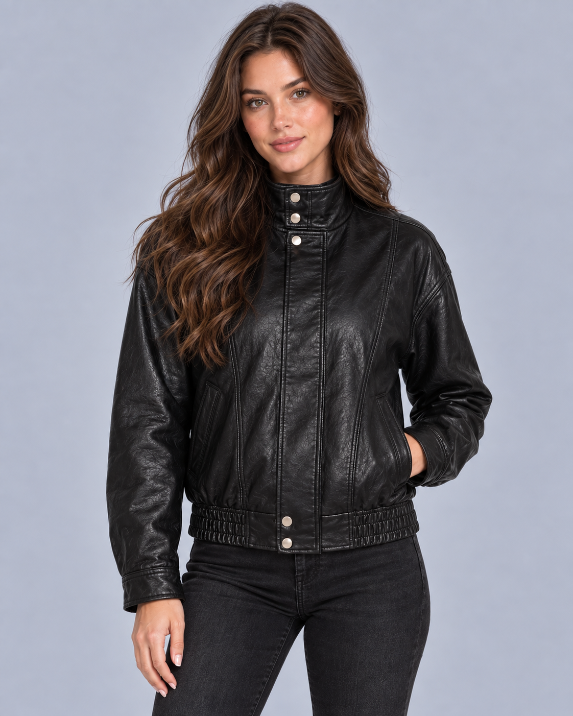 Women's Faux Leather Bomber Jacket | Relaxed Fit Biker Jacket