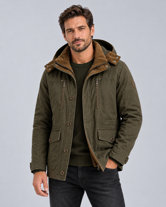 Men's Insulated Winter Parka Jacket | Detachable Hood & Corduroy Collar